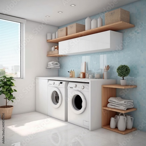 Laundry room in new custom built luxury home Modern washing machine in laundry room interior.