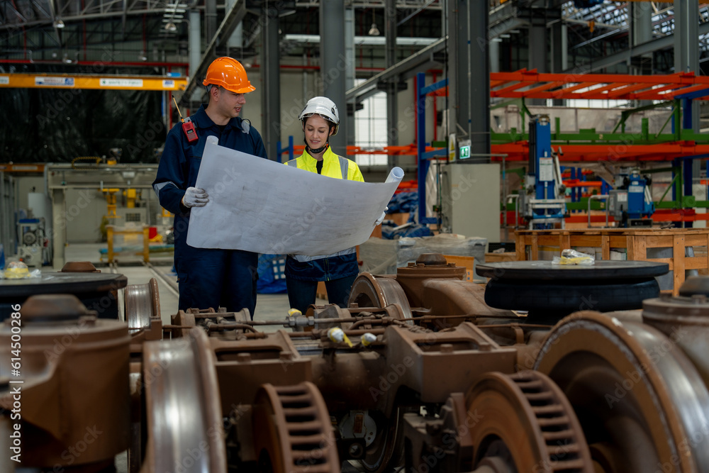Technical staff together with engineers inspect the structure of the electric train's propulsion system in order to maintain the electric train in the depot.