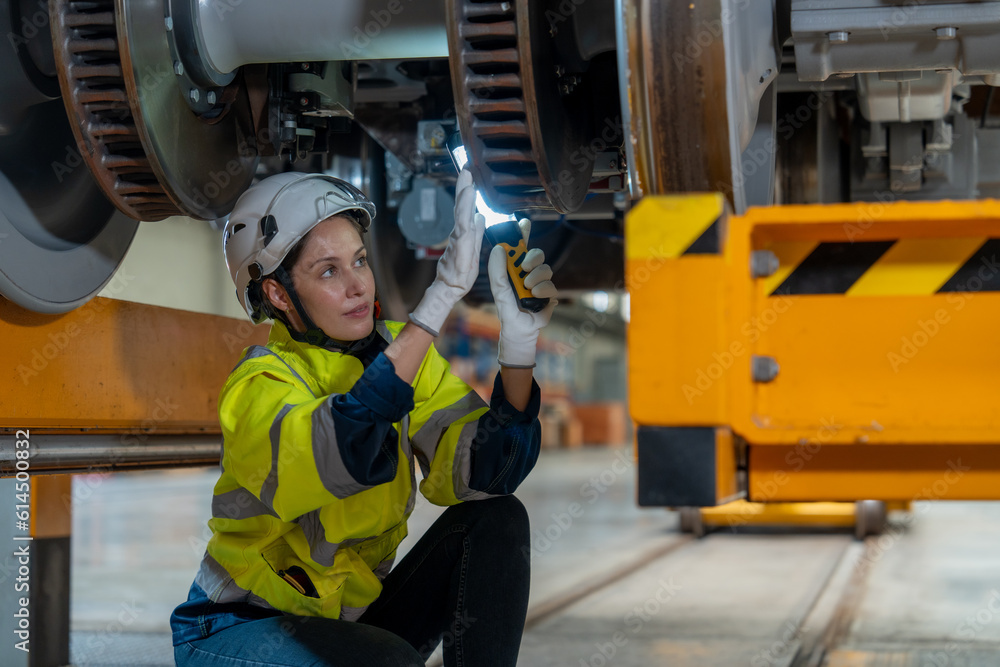 Fototapeta premium Female engineer inspecting electric train repair and maintenance in maintenance station