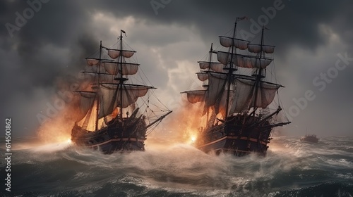 illustration of battle ship burning with cannon fire bomb, Generative Ai