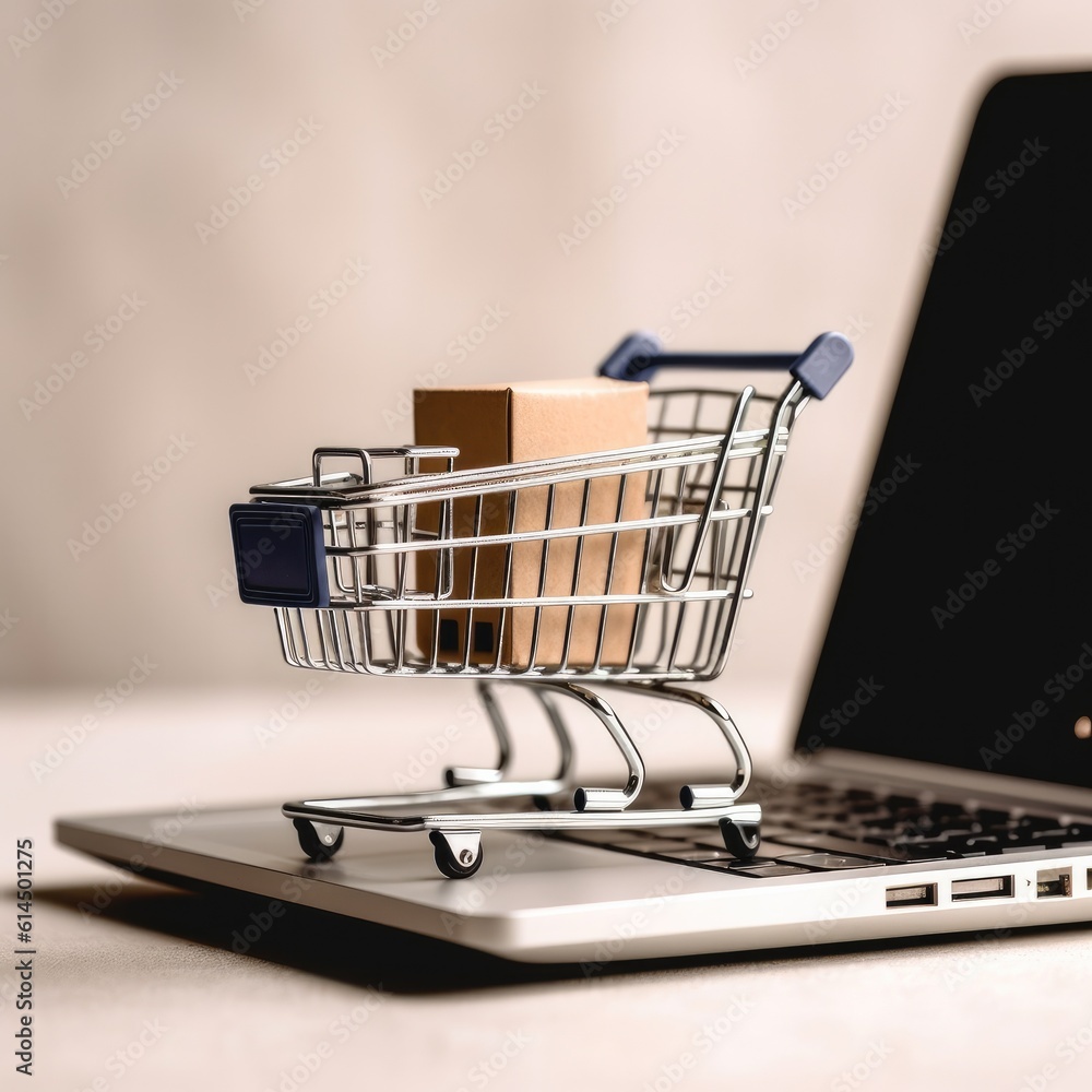 Online shopping and e-commerce with laptop and shopping cart, Concepts about online shopping that consumers can buy things directly from their home.