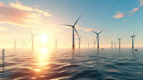 Floating wind turbines installed in sea, Alternative energy source, Concept of renewal energy source. photo