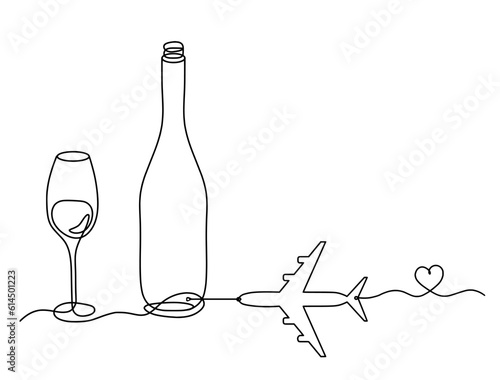 Drawing line bottle of champagne or wine with plane on the white background