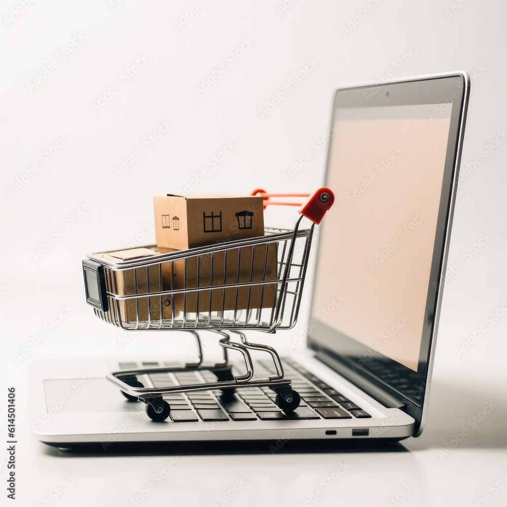 Online shopping and delivery service concept. Paper cartons in a shopping cart on a laptop keyboard, Shipping service for online shopping or ecommerce concept.