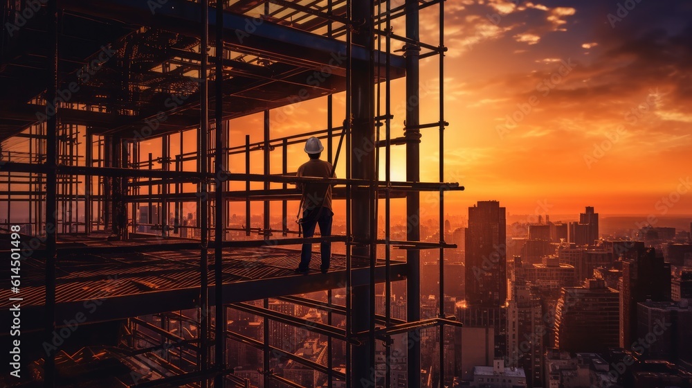 Rear view of construction worker working on tall building, Sunset, scaffolding, Crane. Rear view of construction worker working on tall building, Sunset, scaffolding, Crane.