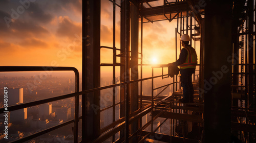 Rear view of construction worker working on tall building, Sunset, scaffolding, Crane.