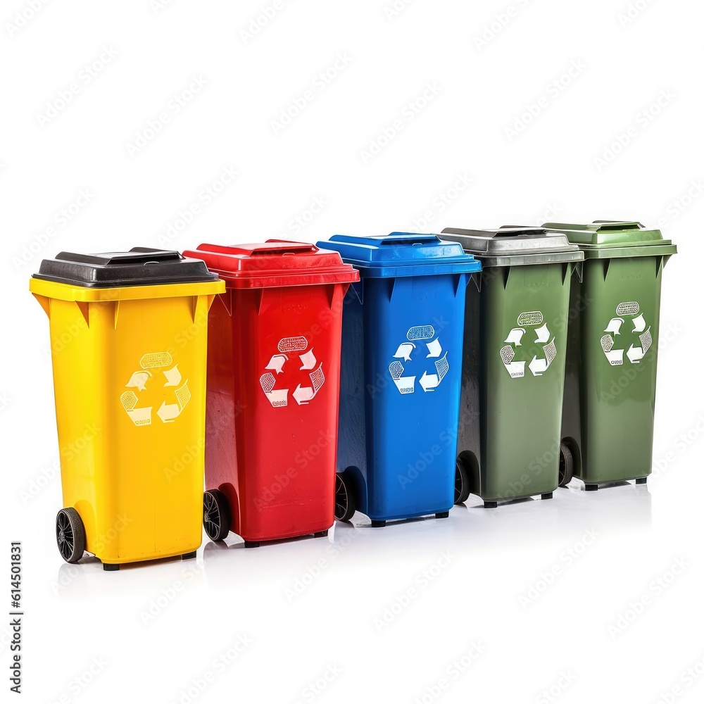 Recycling Bins Set, Garbage bins in 4 Different Color, Color coded garbage bins with recycling symbols. Recycling Bins Set, Garbage bins in 4 Different Color, Color coded garbage bins with recycling symbols.