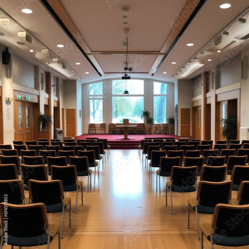 Spacious hall for lectures and presentations, Big conference room indoor background.