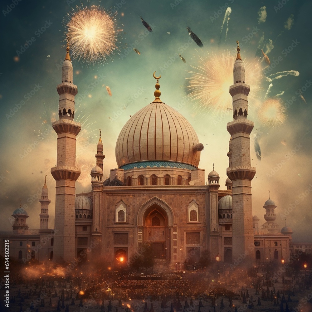 Ramadan Kareem background with mosque and lanterns