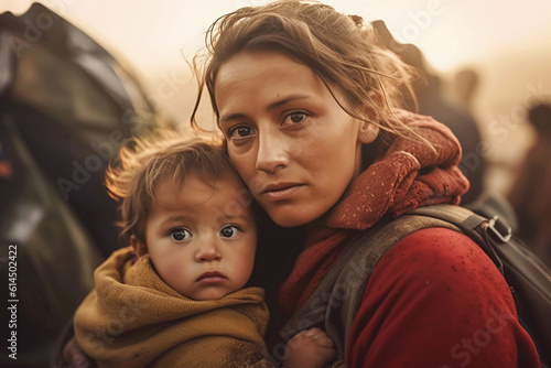 A young homeless woman with a child on the street. Poor homeless people. Migrants and immigrants. Hunger and poverty © Olga