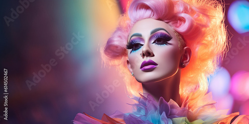 Schöne Drag Queen Gesicht mit aufwendigen Makeup und Hairstyling in Pink Farben Nahaufnahme, ai generativ