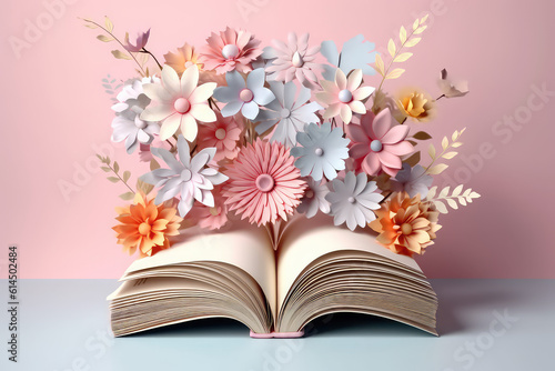 Front view of open book, from which summer origami paper flowers grow. Creative concept for a digital library and bookstore. Generative AI 3d render illustration imitation. © SnowElf