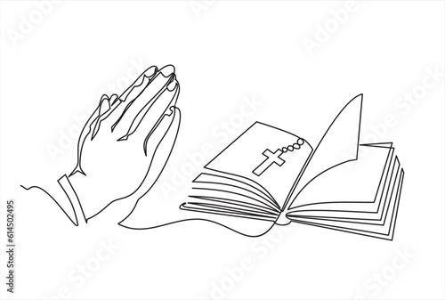 Continuous single one line drawing of open bible, cross and Two Hands Pressed Together in Prayer Position. Action for Prayer, Gratitude, Greeting and Thankful Isolated on White Background