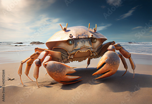 Crab on the beach. Crab posing for the camera, wide angle, distortion. AI generated.