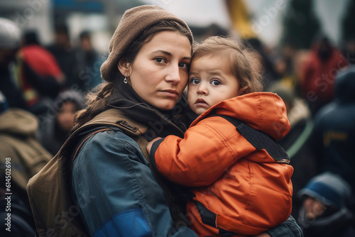 A young homeless woman with a child on the street. Poor homeless people. Migrants and immigrants. Hunger and poverty