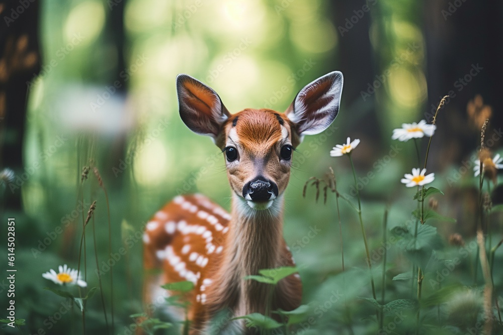 Small Fawn in Forest: Captivating Black and White Portrait Small Fawn in Forest: Captivating Black and White Portrait