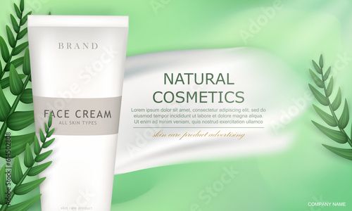 Template of vector ad banner with mock up of organic facial cream tube. Green poster with realistic white cream smear, leaves and 3d package of cosmetic product. Natural skin care advertisement