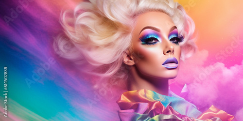 Schöne Drag Queen Gesicht mit aufwendigen Makeup und Hairstyling in Pink Farben Nahaufnahme, ai generativ