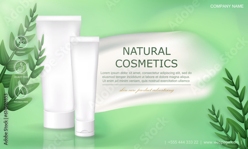 Template of cosmetic product advertisement with cream smear, fresh leaves and white package of natural facial or body cream on green background. Organic skincare promotion banner with moisturizer tube