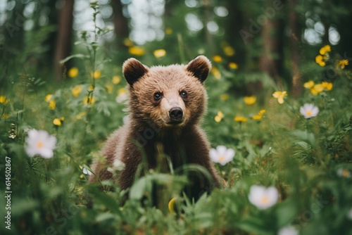 Small Brown Bear Cub in Field of Tall Grass and Flowers