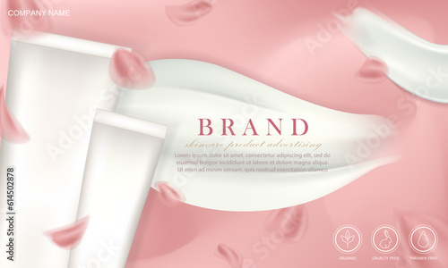 Template of ad post banner with cosmetic skin care or spa product in white matte tubes. Soft pink advertising poster with realistic 3d cream smear, flying flower petals and moisturizer packages