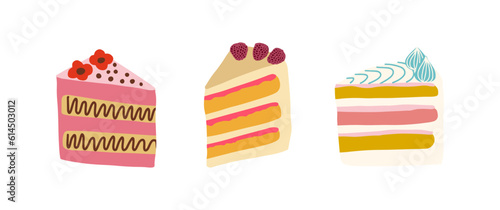 Set of different cake slices with cream. Birthday cake pieces, Strawberry, chocolate cakes. Vector illustration.