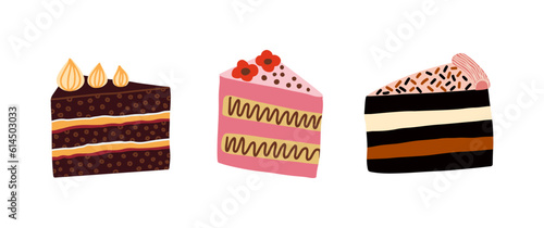 Set of different cake slices with cream. Birthday cake pieces, Strawberry, chocolate cakes. Vector illustration.
