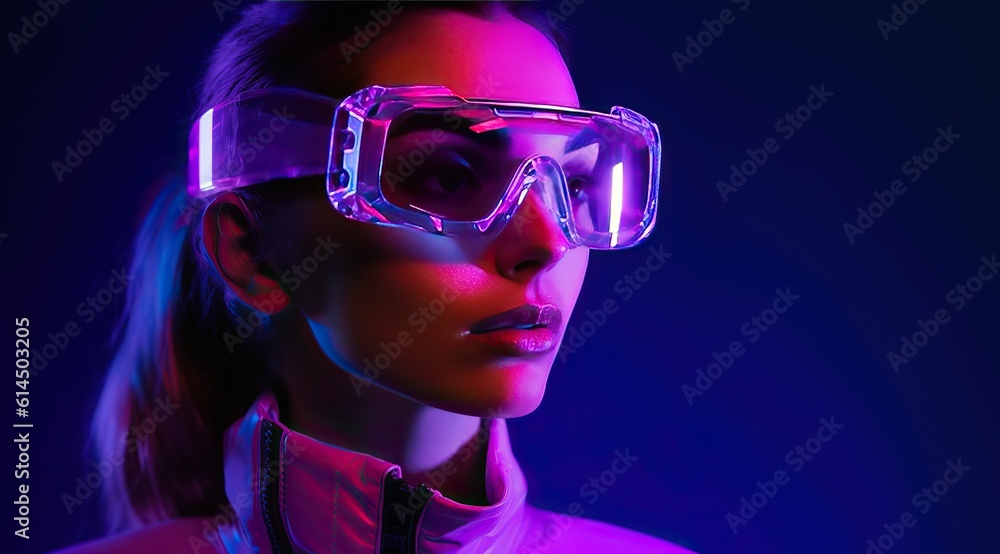 Concept of futuristic virtual reality technology or entertainment system. A woman lit up on the HUD interface Concept of futuristic virtual reality technology or entertainment system. A woman lit up on the HUD interface