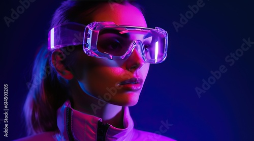 Concept of futuristic virtual reality technology or entertainment system. A woman lit up on the HUD interface