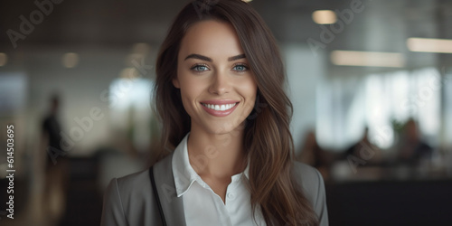 Hübsche Geschäftsfrau mit Hintergrund im Büro lacht mit schönen Zähnen Nahaufnahme, ai generativ