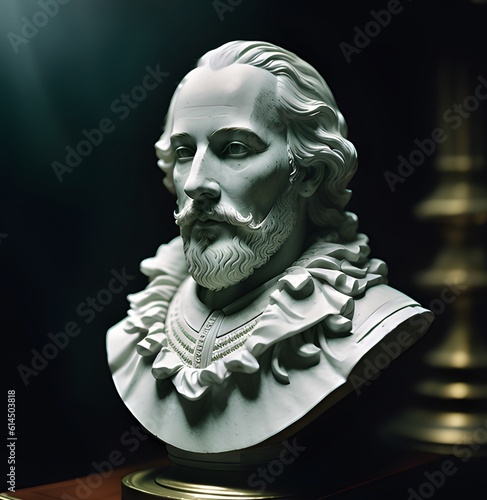 Image featuring a white marble bust of renaissance era playwright William Shakespeare. May also be interpreted as a medieval nobleman or another historical figure.