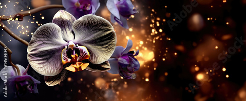 beautiful silver gold pearl black petals purple orchid branches of dark colors transparent petals are beautiful and smooth like feathers, the background is blurred light gold smoke.