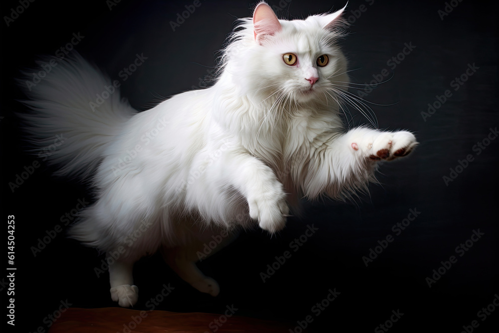 White cat jumping in the air. Generative AI.