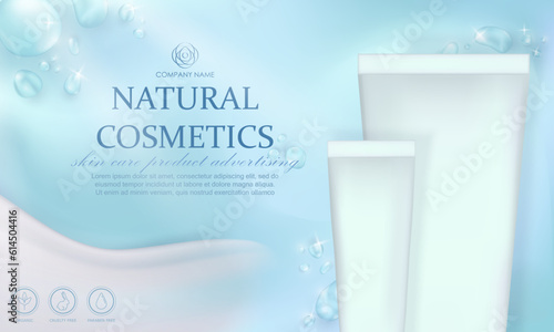 Template of ad banner with cosmetic skin care or spa product in matte tubes. Soft blue aqua advertising poster with realistic white cream smear, water drops and moisturizer packages with light effect