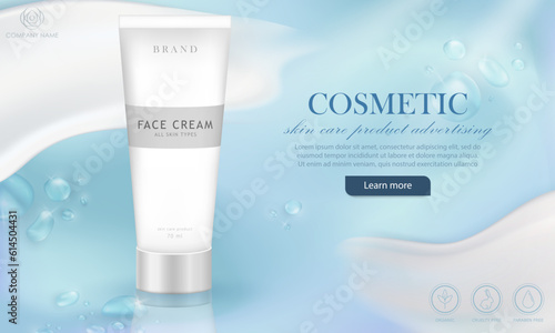 Cosmetic ad banner template of natural skin care product in white packaging. Promotion or advertising soft blue aqua fresh poster with cream smears, water drops and realistic cream tube mock up