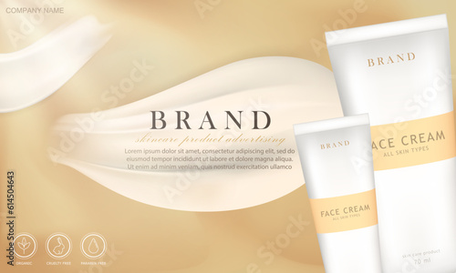 Template of ad banner with cosmetic skin care or spa product in white matte tubes. Golden luxury advertising poster with realistic 3d cream smear, text and moisturizer packages on sandy background