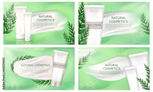 Collection of 4 ad banners with natural cosmetic skin care products. Green advertising web posters with realistic white 3d cream smear, leaves and organic moisturizer tubes mock up.