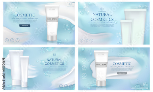 Layout of aqua fresh banners with natural skin care products. Blue ad posters with water drops, white cream smear and packaging design of organic hydration cosmetic products in realistic tubes 