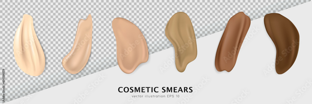 Set of cosmetic swatches different shapes. Light and dark, beige and brown makeup smears, stroke samples. Realistic foundation, concealer texture for various skin tones Set of cosmetic swatches different shapes. Light and dark, beige and brown makeup smears, stroke samples. Realistic foundation, concealer texture for various skin tones