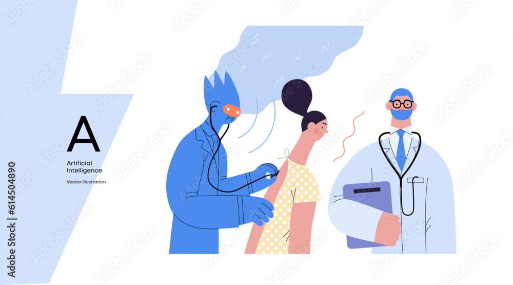 Artificial intelligence, Medicine -modern flat vector concept illustration of AI auscultating patient with stethoscope. Human doctor nearby. Metaphor of AI advantage, superiority and dominance concept Artificial intelligence, Medicine -modern flat vector concept illustration of AI auscultating patient with stethoscope. Human doctor nearby. Metaphor of AI advantage, superiority and dominance concept