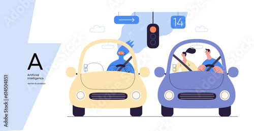 Artificial intelligence, Driving -modern flat vector concept illustration of An artificial intelligence-controlled car. Metaphor of autonomous vehicle, AI superiority and dominance concept