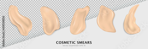Top view of foundation, concealer, tone cream smears isolated on transparent background.  Collection of 5 realistic stroke samples of makeup product. Creamy texture, various beige cosmetic swatches
