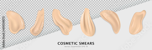 Top view of foundation, concealer, tone cream smears isolated on transparent background.  Collection of 6 realistic stroke samples of makeup product. Creamy texture, various beige cosmetic swatches