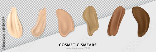 Set of cosmetic swatches different shapes. Light and dark, beige and brown makeup smears, stroke samples. Realistic foundation, concealer texture for various skin tones