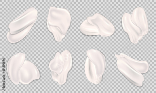  Collection of 8 realistic stroke samples of skincare product. Top view of cream smears isolated on transparent background. Creamy or lotion texture, beige cosmetic swatches