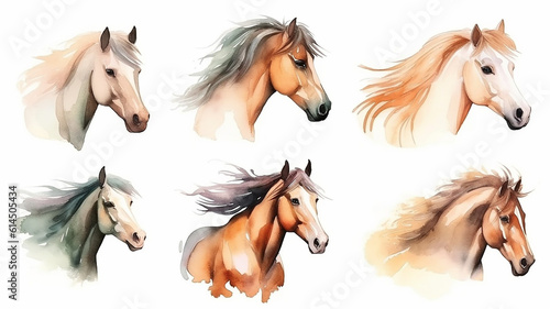 Collection of running horses on a white background watercolor drawing. Generative AI © kichigin19