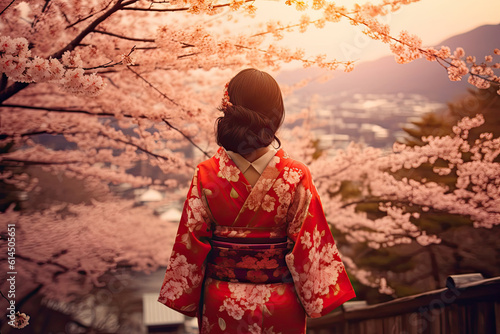 Asian woman in kimono in scenic cherry blossom garden.