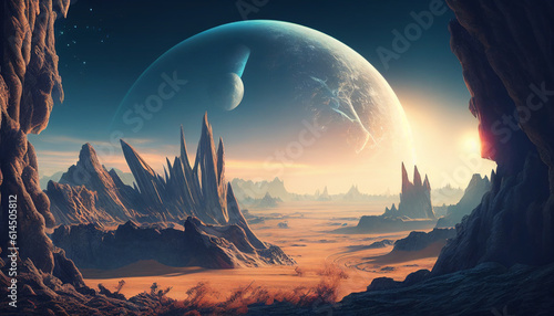 Sunrise over the mountains  Game of fantasy extraterrestrial planet landscape and space