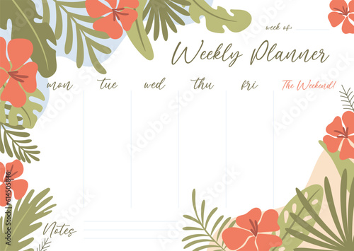 Printable weekly planner concept, with tropical exotic background. Vector illustration