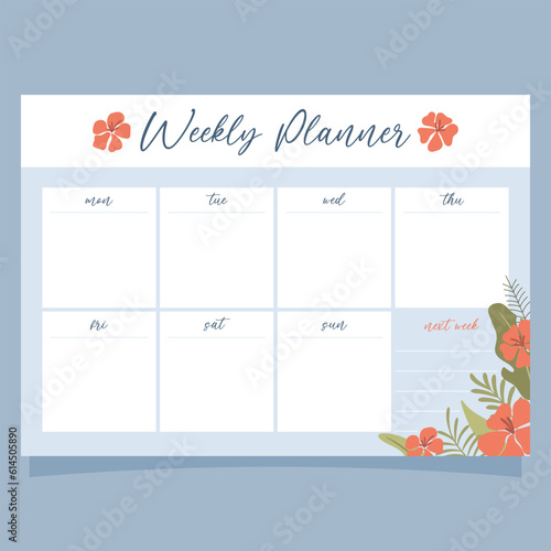 Printable weekly planner concept, with tropical exotic background. Vector illustration
